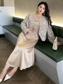 Dazy Plus 2pcs Plus Size Women Set: Sleeveless Bodycon Maxi Dress & Short Floral Print Cardigan