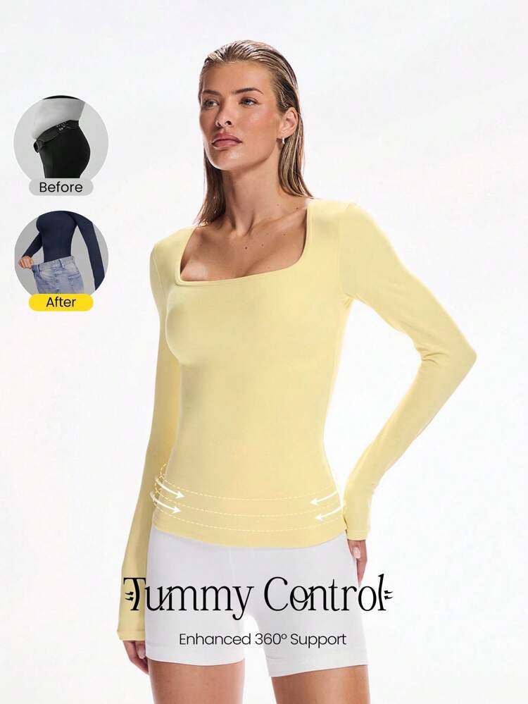 Smooth DreamLyx Tummy Control Soft Stretchy Sweat-Wicking Body Shaping Built-In Bra Square Neck Slim Fit Long-Sleeve Top Daily Casual