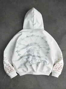 Manfinity EMRG 男士街头风INS风自由女神像“FREE”红色水钻装饰休闲保暖连帽衫，男友/老公礼物，周年纪念礼物，白色拉链连帽衫，红色水钻设计，水钻连帽衫，秋冬款 - 白色 - 查看 5