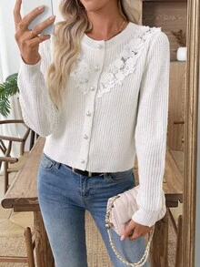 EMERY ROSE New Autumn/Winter Slim Fit Vintage Rejuvenating Gentle Elegant Versatile Lace Crochet Cardigan For Women Fall Back To School - White - View 6