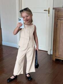 SHEIN 年轻女孩通勤休闲纯色梭织无袖圆领上衣和直筒裤套装，法式 - 杏色 - 查看 3