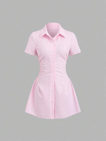 Sweetra Vestido camisa de manga corta rosa dulce y fresco, diseño de cintura estilizadora, vestido camisero elegante para dama, nueva llegada de verano