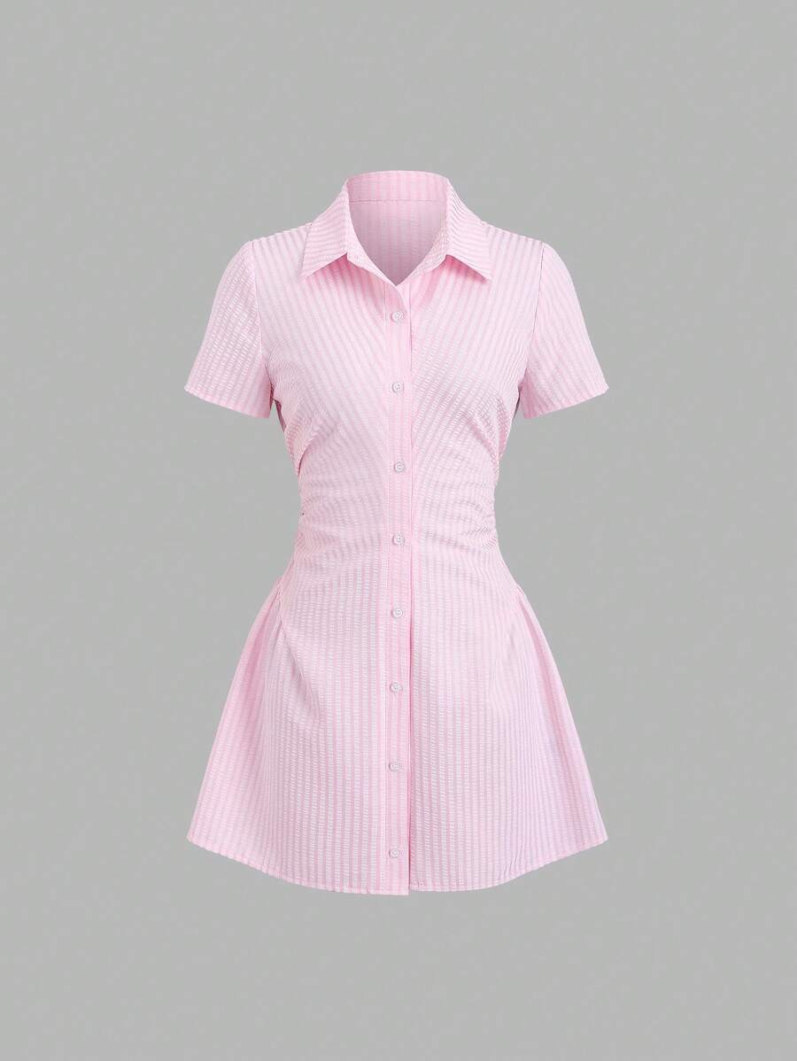 Sweetra Sweet & Fresh Pink Short Sleeve Shirt Dress, Slimming Waist Design, Elegant Lady Shirtdress, Summer New Arrival - Pink - View 1