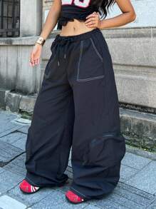 Coolane Women's Fall/Winter Concert Rave Festival Going Out Renaissance Fair Vintage Streetwear With Pockets Wide Leg Pants - Black - View 4