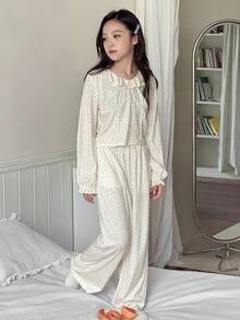 Dazy Kids 女童简约印花长袖上衣和裤子睡衣套装 - 米色 - 查看 3