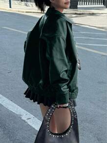 INAWLY Women's Loose Fit Long Sleeve Leather Jacket, Motorcycle Casual Style, Autumn/Winter Fall Cloth For Women - Dark Green - View 2