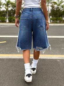 SHEIN ICON 女式侧条纹口袋做旧磨边宽松牛仔短裤