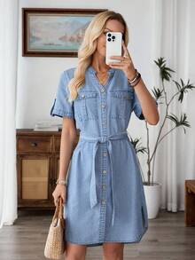 EMERY ROSE 女式V领单排扣短袖休闲宽松牛仔连衣裙