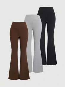 Sweetra 3 件套女式喇叭裤紧身休闲街头风格折叠低腰裤套装，黑色/灰色/棕色 - 彩色 - 查看 1