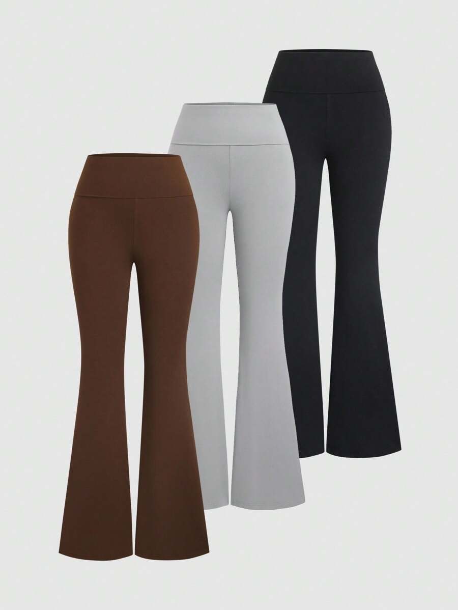 Sweetra 3 件套女式喇叭裤紧身休闲街头风格折叠低腰裤套装，黑色/灰色/棕色 - 彩色 - 查看 1