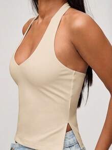 SHEIN BASICS 女式休闲纯色针织露背上衣 - 杏色 - 查看 8