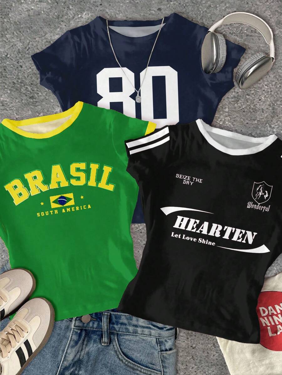 SHEIN 3件套少女复古街头风多巴胺蓝印花修身圆领短袖长款T恤,舒适夏季,轻松百搭,秋季叠穿,时尚休闲,印花服饰,返校季,秋季服装 - 彩色 - 查看 1