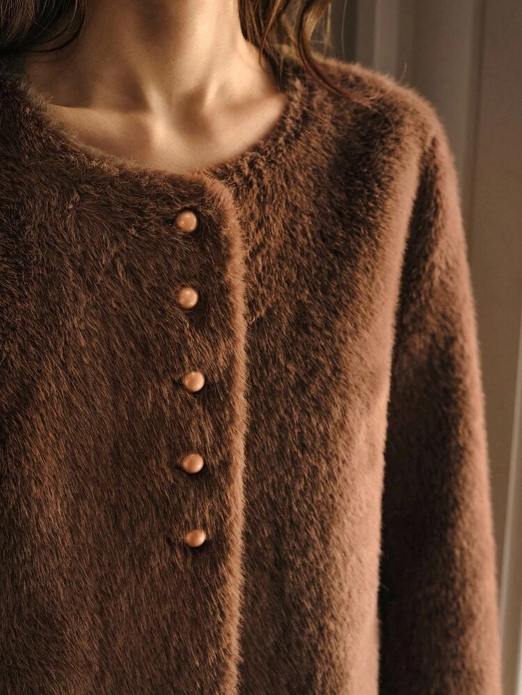 SOLID BUTTON PLACKET FAUX FUR COAT
