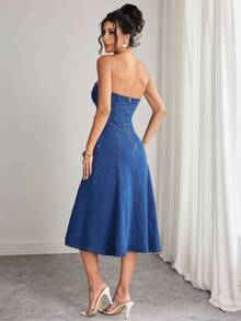 Elenzga Women's Solid Color Casual Denim Tube Dress - Medium Wash - View 2