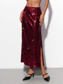 Maija Bộ đồ hai mảnh gồm áo tank top và chân váy đính sequin màu trơn dành cho nữ, thích hợp cho các bữa tiệc, bộ đồ hai mảnh lấp lánh, trang phục sequin đỏ dành cho nữ, trang phục sequin đỏ, quần áo Giáng sinh. - Màu Đỏ Sâu - Xem 1