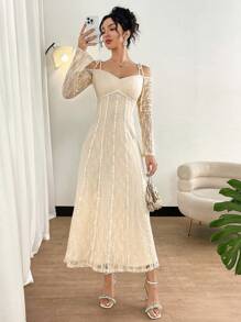 Modelyn Damen elegantes einfarbiges Spitzen Off-Shoulder Kleid - Aprikosenfarben - Übersicht 5