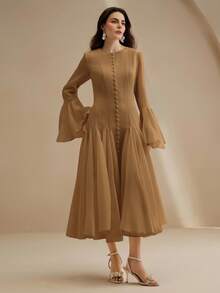 Anewsta 优雅的乳白色长袖喇叭连衣裙，纽扣喇叭袖 - 咖啡 - 查看 4