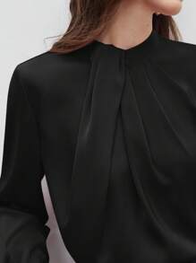 BizChic 女式不对称设计褶饰宽松立领长袖上衣，基本款简约优雅别致商务休闲装，适合城市通勤，适合教师、办公室、婚礼、音乐会 - 黑色 - 查看 8