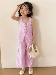 SHEIN 年轻女孩休闲街头时尚通勤条纹方领无袖上衣和直筒裤套装学院风两件套女孩夏季服装套装年轻女孩夏季服装女孩条纹两件套，女孩条纹两件套 - 粉色 - 查看 5