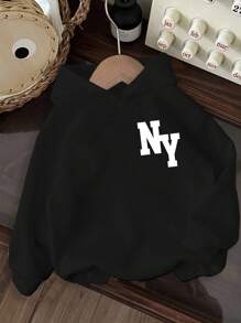 男童休闲简约纽约卡通熊图案舒适加厚针织长袖卫衣，秋冬季 - 黑色 - 查看 2