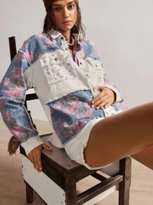 Bohemela 大码休闲印花拼接纽扣开襟蝙蝠袖外套，秋季款 - 彩色 - 查看 7