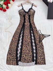 2pcs/Set Mature Sexy Wire Bra Leopard Split Dress + G-String Lingerie For Going Out ClassicAnimalPrint