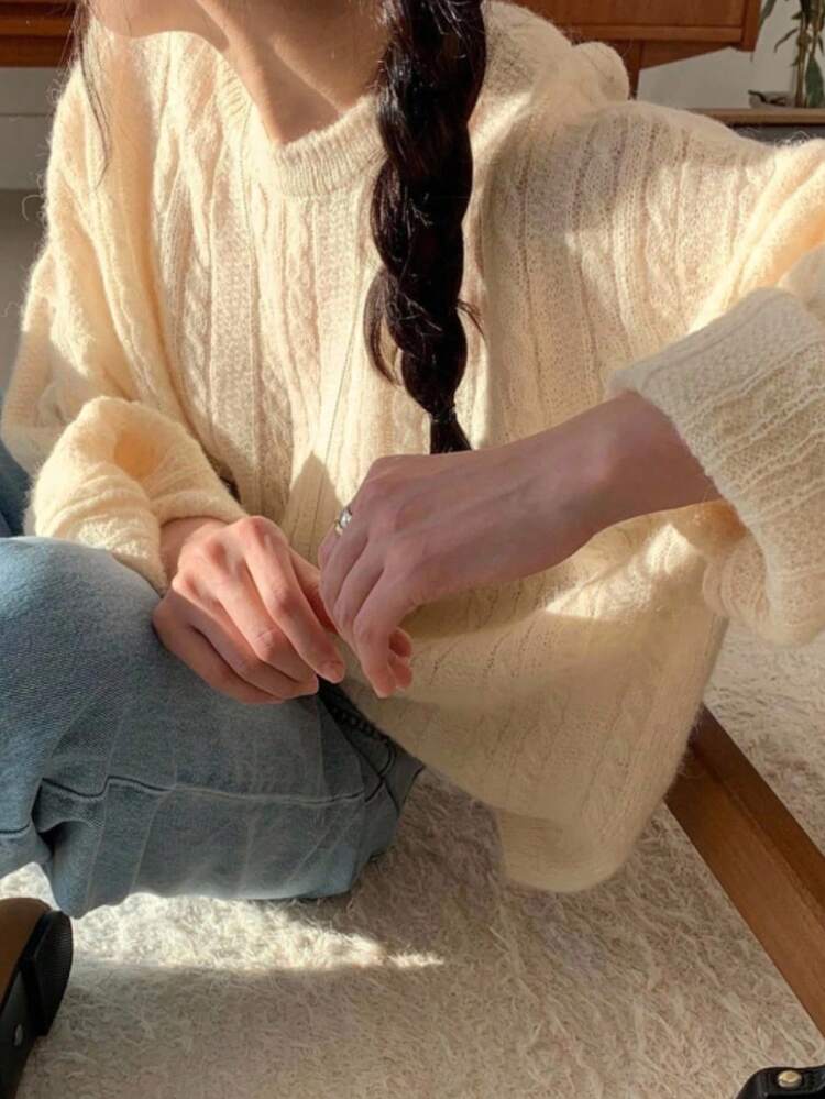 Mohair Loose Soft Cozy Round Neck Cable Knit Sweater, Fall