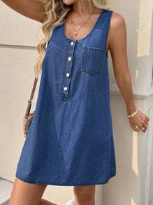 EMERY ROSE 女式牛仔无袖迷你连衣裙，休闲修身，蓝色 - 中等水洗藍 - 查看 5