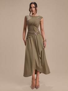 Modelyn Women's Elegant Sleeveless Olive Green Summer Bar Party Dress,Asymmetrical Pleated Metal Buttoned Cotton Old-Fashioned Style Fall Clothes - Army Green - View 4