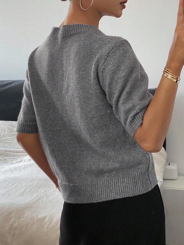 Heart Decor Loose Fit Short Sleeve Round Neck Casual Knit Top For Women, Spring/Autumn