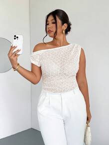 Firerie Plus Size Women's Asymmetric Neckline Ruched Textured Elastic Bodysuit, Elegant & Romantic For Weddings, Concerts, Celebrations, Spring/Summer - Apricot - View 4