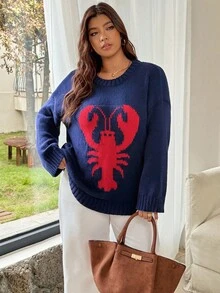 Vionelle 大码女式法式针织提花套头衫，时尚优雅，百搭休闲，适合秋冬 - 藍色 - 查看 1