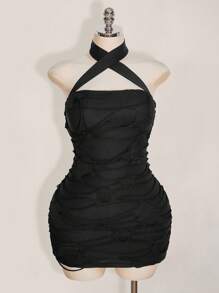 SHEIN ICON 加大码黑色 Y2k 破烂面料交叉吊带连体裤，紧身 - 黑色 - 查看 3