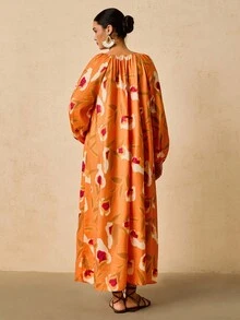 SHEIN VCAY Váy suông rộng tay đèn lồng cổ chữ V in hoa cỡ lớn, màu cam, Váy dài tay mùa thu mới Váy hoa màu cam Váy thu cho nữ Váy cam Váy maxi họa tiết hoa Váy thắt lưng màu cam - Màu Cam cháy - Xem 2