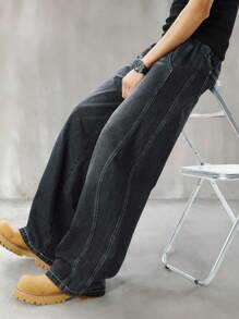 SHEIN Explorewe 青少年男孩街头时尚破洞拼接黑色豹纹侧拼接宽松阔腿松紧腰带牛仔裤 - 黑色 - 查看 3