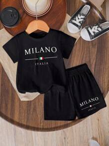 SHEIN 2pcs Toddler Boys' Casual Fashion Creative Simple Letter Slogan & Italy Flag Print Short Sleeve T-Shirt And Shorts Set Black Baby Outfit Italy Baby Clothes Baby Boy Black Outfit Infant Summer Outfit Milano Baby Outfit - Black - View 5
