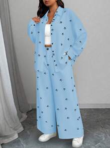Calvaya Plus Size Fashionable Butterfly Print Shirt And Pants 2 Pieces Set Fall Cloth For Women - Blue - View 1
