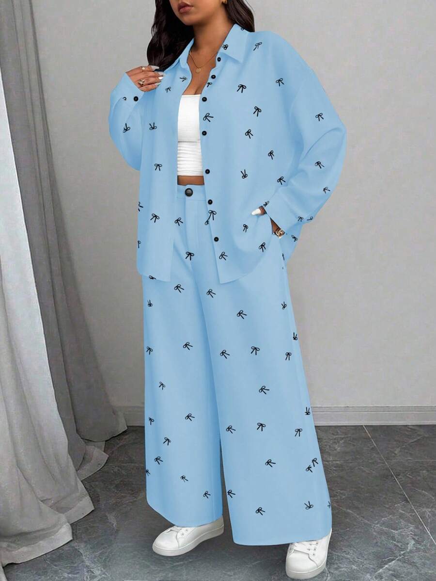 Calvaya Plus Size Fashionable Butterfly Print Shirt And Pants 2 Pieces Set Fall Cloth For Women - Blue - View 1