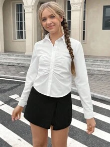 SHEIN Teen Girl Solid Ruched Button Front Shirt - White - View 3