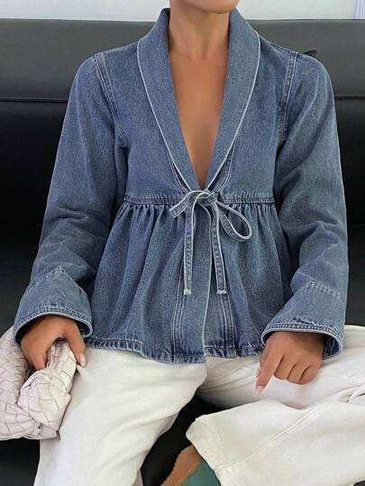 DAZY 女士纯色宽松系带长袖牛仔衬衫、牛仔夹克、秋季女装