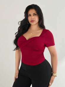 Firerie Plus Rib-Knit Twist Sweetheart Neck Tee - Burgundy - View 6