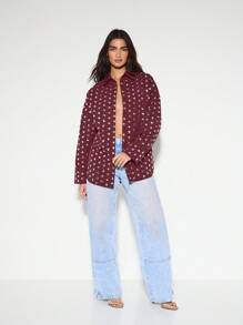 KIZN 长袖纽扣领衬衫金属圆点细节派对晚会场合衬衫西部上衣节日时尚个性单品秋冬 - 酒紅色 - 查看 3