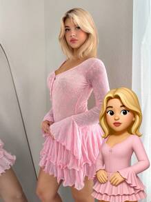 Sweetina Cute Pink Ruffle Solid Color Sweetheart Neck Fitted Long Sleeve Flocked Fabric Dress Pink Dress Pink Mini Dress Short Pink Dress Pink Dress For Women Pink Babydoll Dress