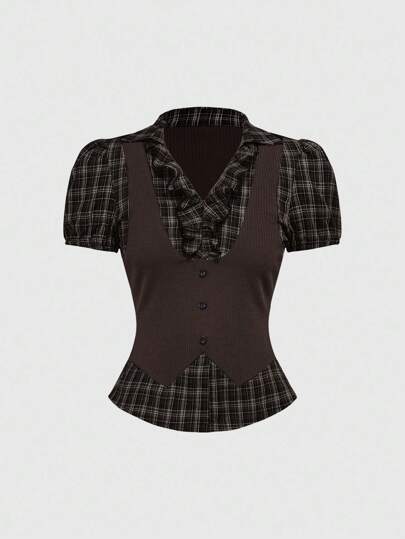 Goth Vintage Gothic College Brown Plaid Patchwork 2 In 1 Women Shirt Top