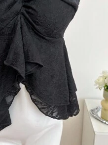 Sweetra 女式扭纹蕾丝简约荷叶边下摆吊带背心，春夏季 - 黑色 - 查看 3