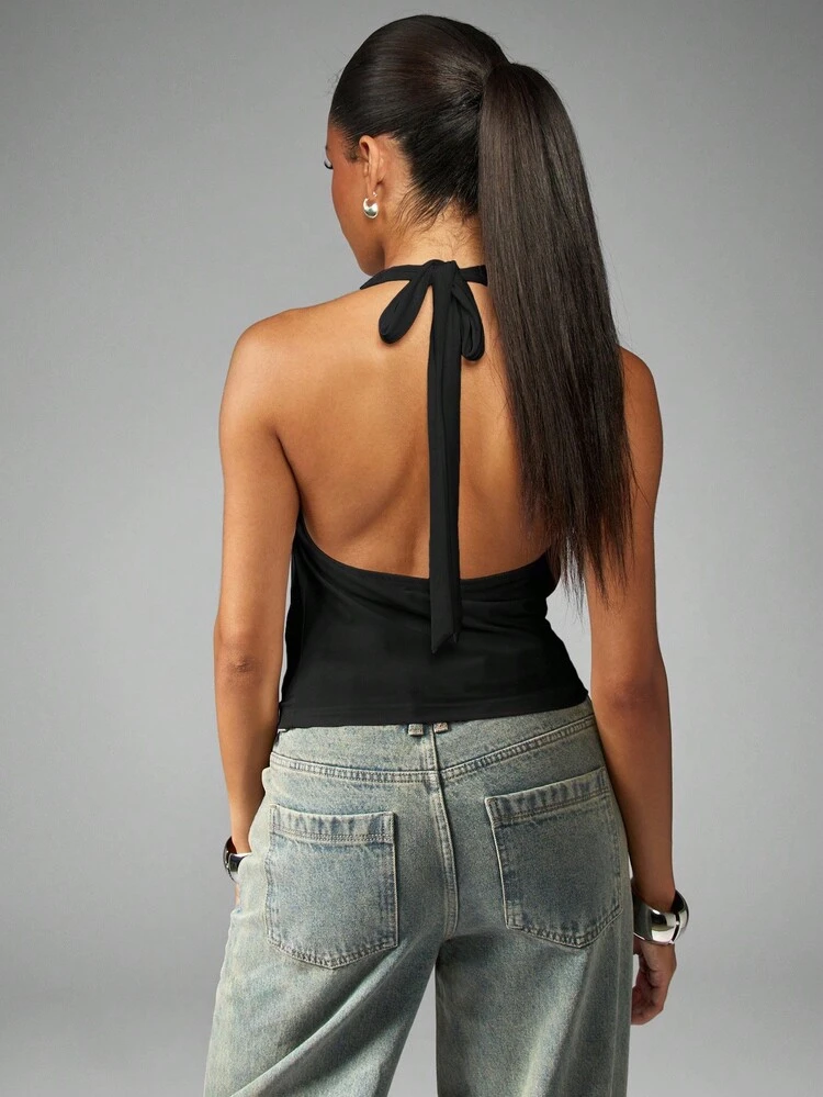 MISSGUIDED Blusa de mujer con cuello halter, espalda descubierta, corta, de verano, para fiesta, club, casual, sin mangas, elegante, con diseño de lazo en la espalda, para uso de noche