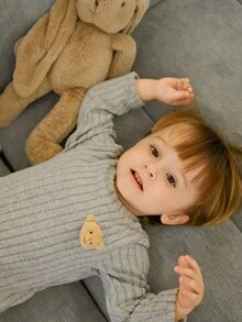 Souflis 2pcs Baby Boys' Cute Gray Ribbed Teddy Bear Graphic Long Sleeve Top And Gray Ribbed Pants Set, Autumn/Winter Toddler Sleep Wear Warm Jumpsuit For Baby Boy Fall - Grey - View 7