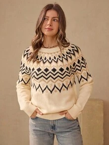 Casual Crew Neck Long Sleeve Basic Sweater With American Country Fair Isle Pattern, Beige, Autumn/Winter Women Sweaters Pullover For Women Winter Women Western Wear Fair Isle Sweater 2000s Country Concert Western Wear Women Boho Country Going Out,Fall - Apricot - View 7