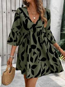 EMERY ROSE Plus Size Women Plant Print Flare Sleeve Loose Casual Vacation Dress - Army Green - View 6