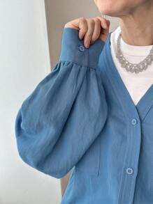 FRIFUL Camisa casual suelta de mujer de un solo pecho con bolsillo de carga, de manga larga y hombros caídos, de unicolor, para otoño e invierno - Azul - Ver 6